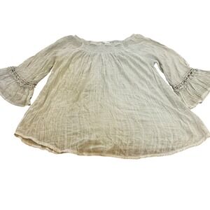 Spense Sage Green Smocked Square Neck Bell Sleeve Crochet Lace Blouse XL